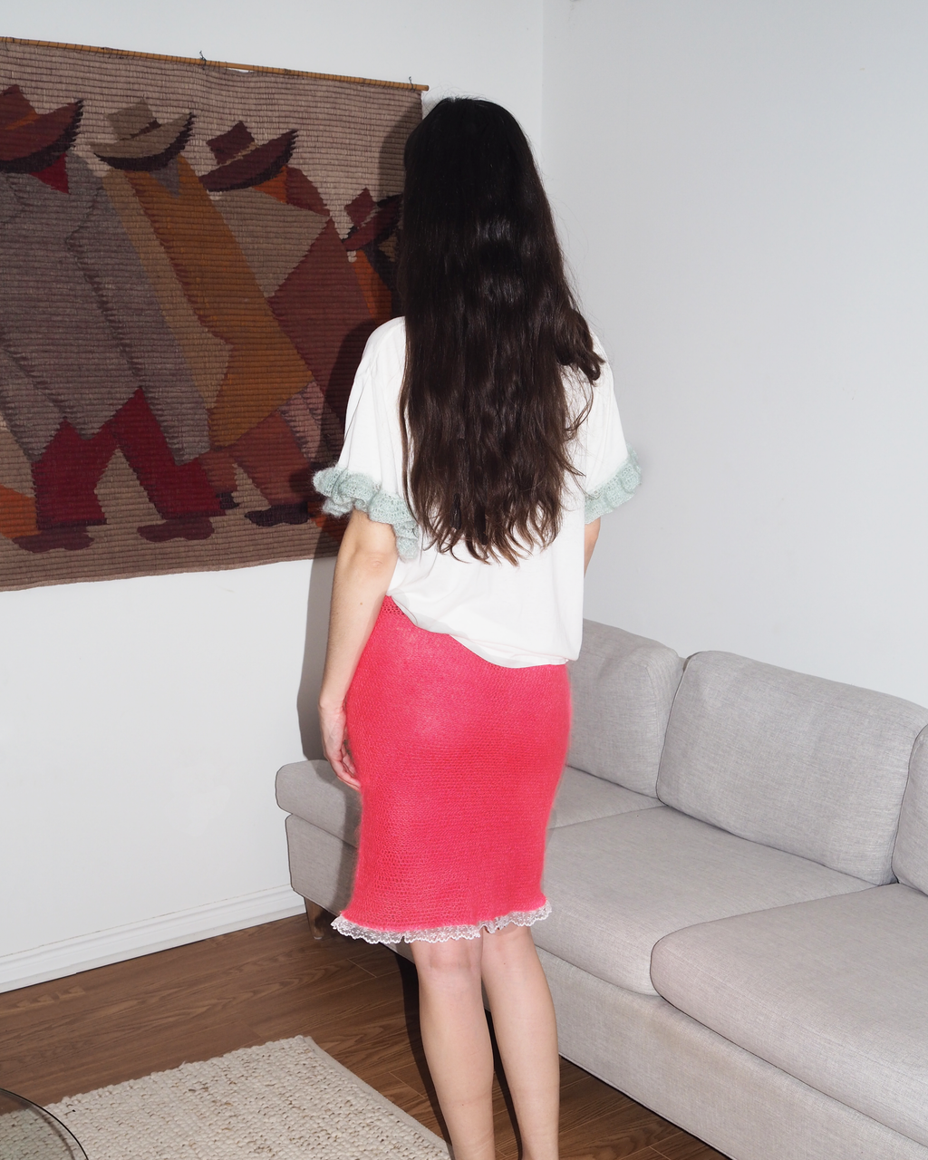 furry flaming mohair skirt with lace